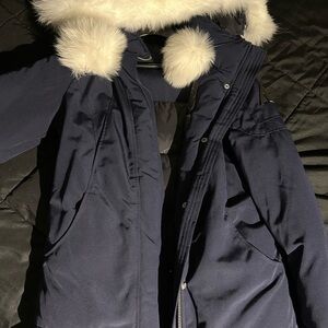 Women's Dark Blue Ski Jacket with Faux Fur Trim